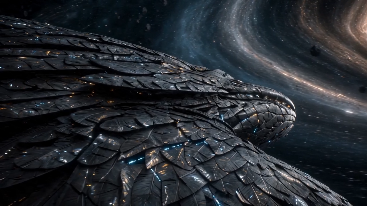 A metallic dragon moving through a cinematic cosmic environment