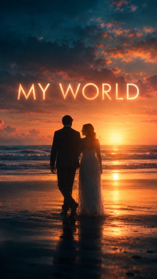 Original My World film poster showing a couple by the sea at sunset